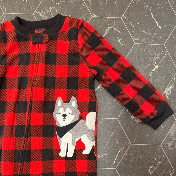 3/$24 Carter's Red and Black Plaid Fleece Footie with Husky 2T - Picture 2 of 5